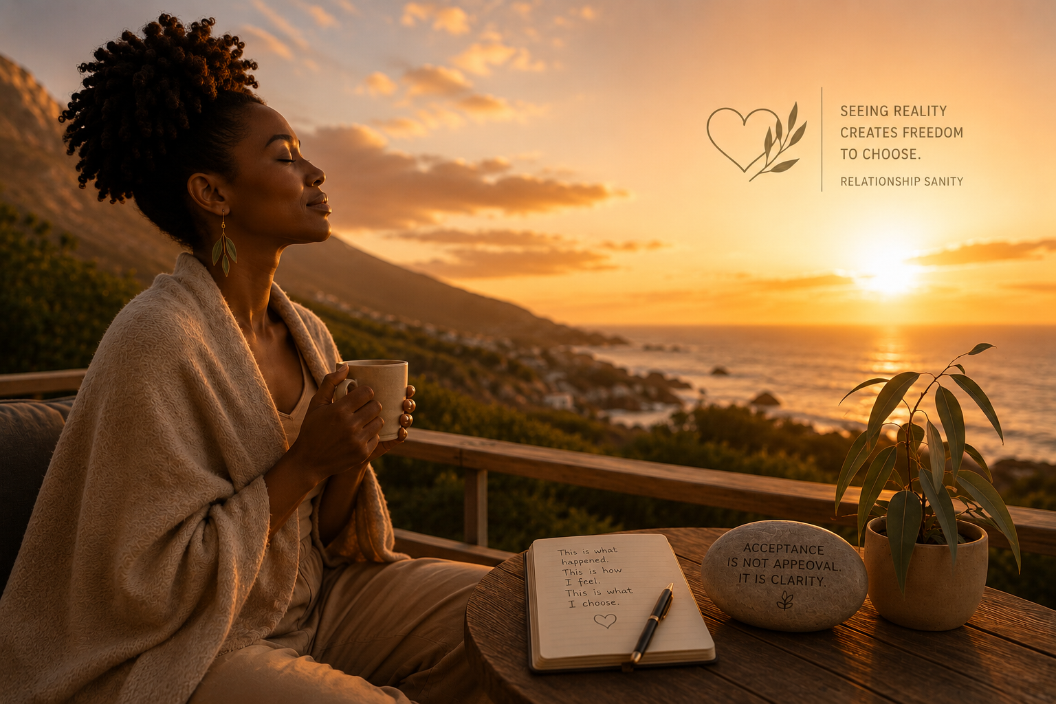 A woman reflecting at sunset beside a journal carrying the message that acceptance is clarity, not approval.