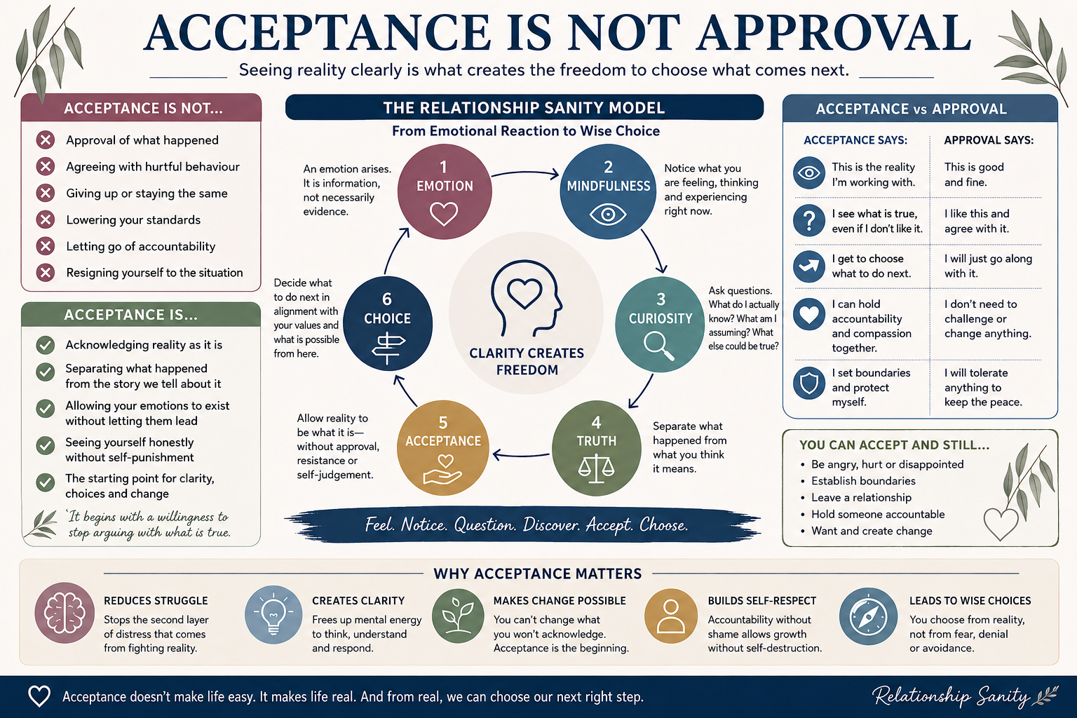 Relationship Sanity model showing the path from emotion and mindfulness through curiosity, truth and acceptance to choice.