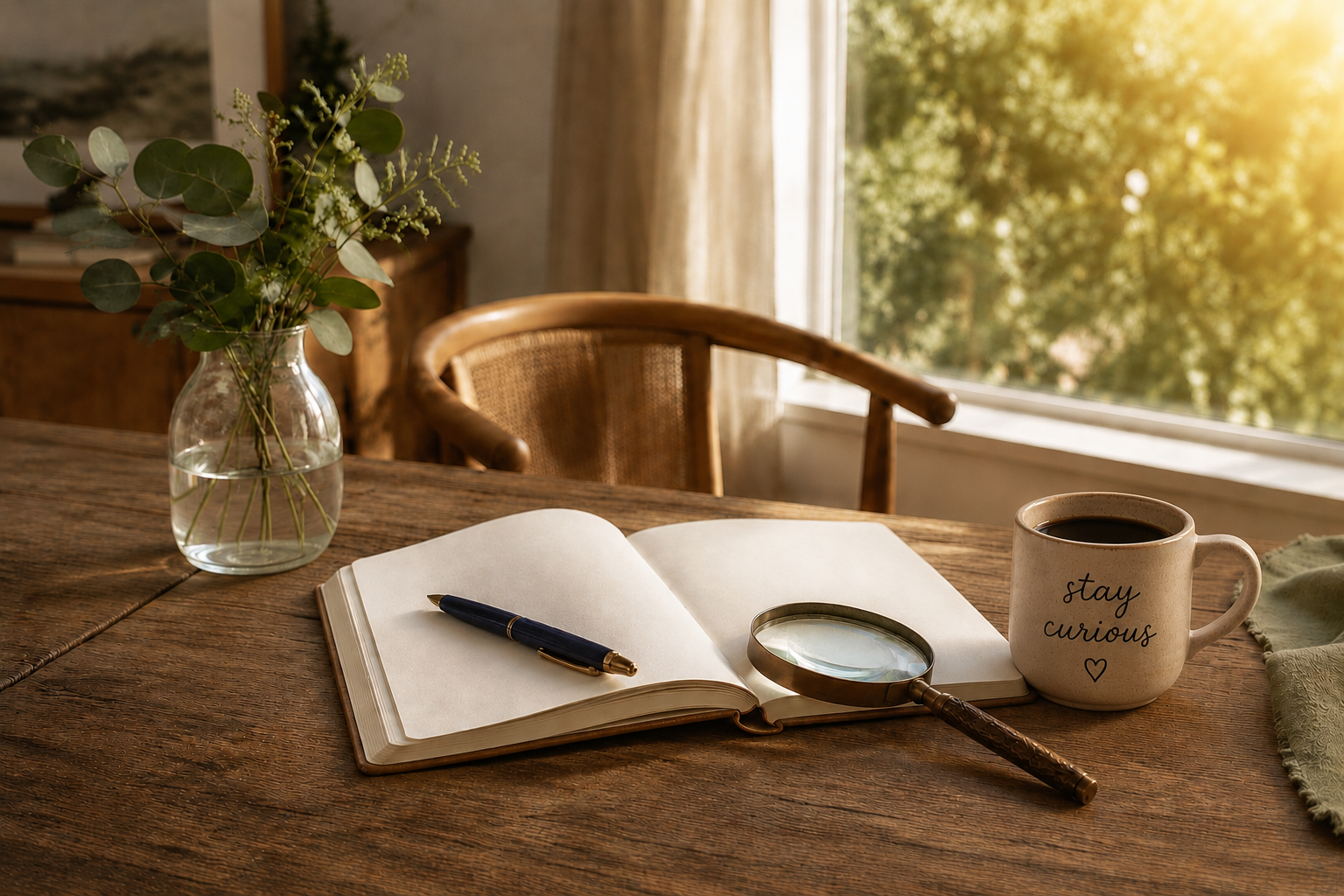 An open journal, pen, magnifying glass and a coffee mug reading stay curious on a sunlit table