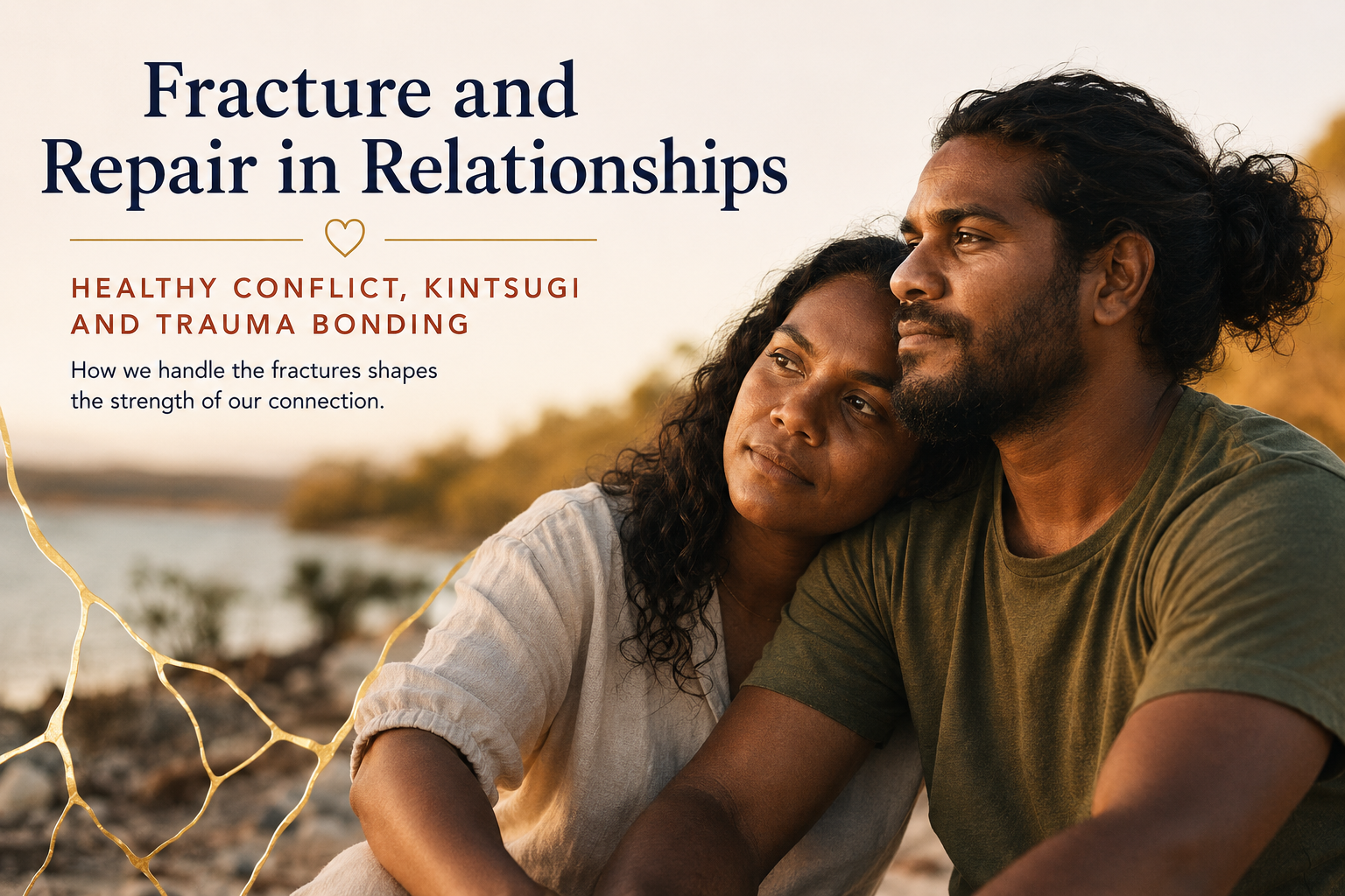 Couple sitting together beside water with gold Kintsugi-style cracks representing fracture and repair