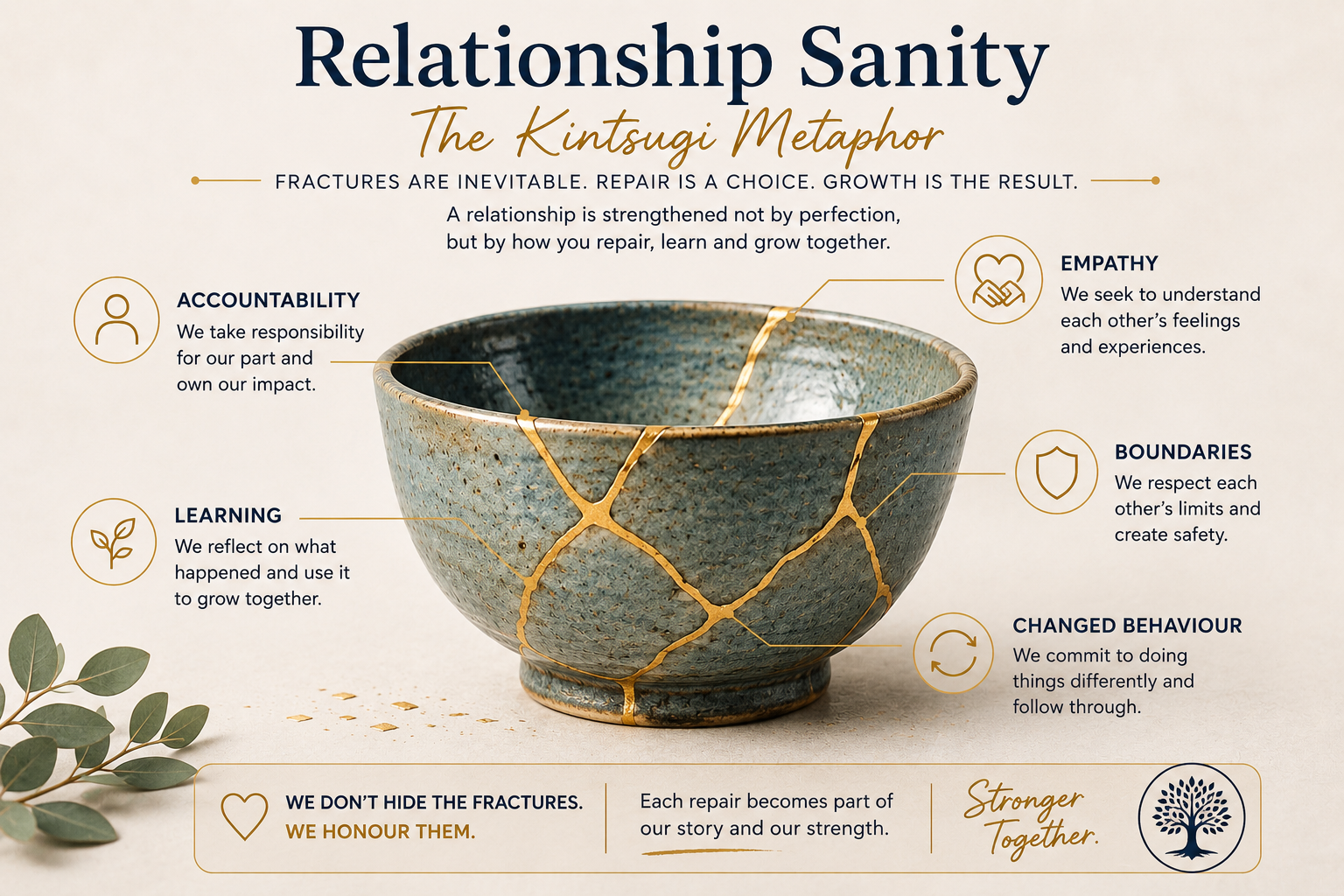 Kintsugi bowl illustrating accountability, empathy, boundaries, learning and changed behaviour