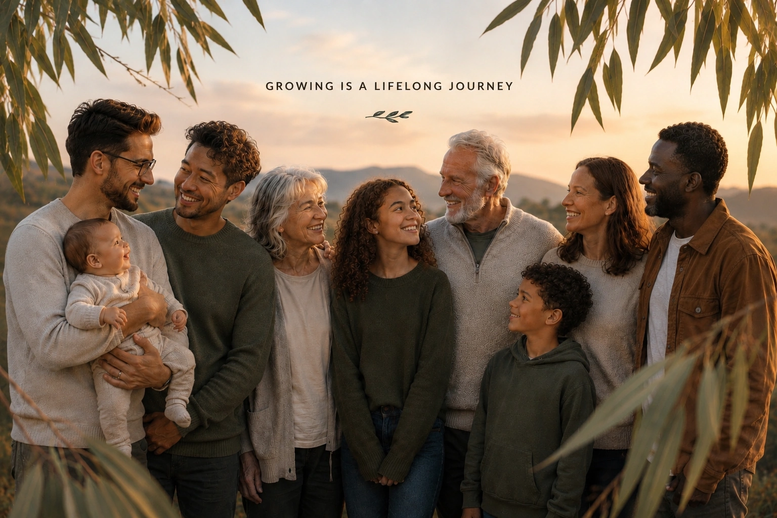 People of different ages gathered together at sunset, representing lifelong growth.