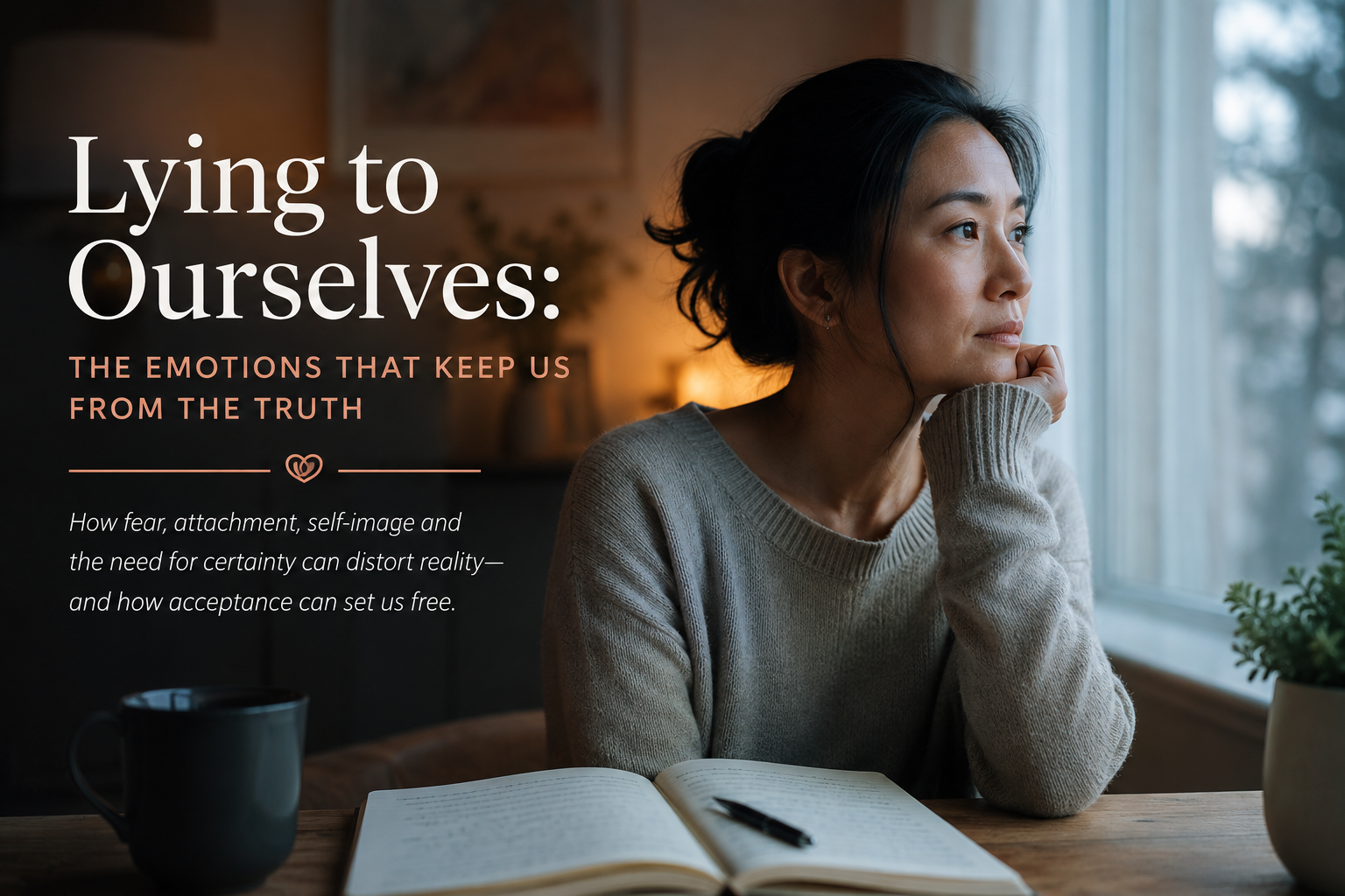 A reflective woman seated beside a window with a journal, illustrating the emotions that can keep us from the truth.