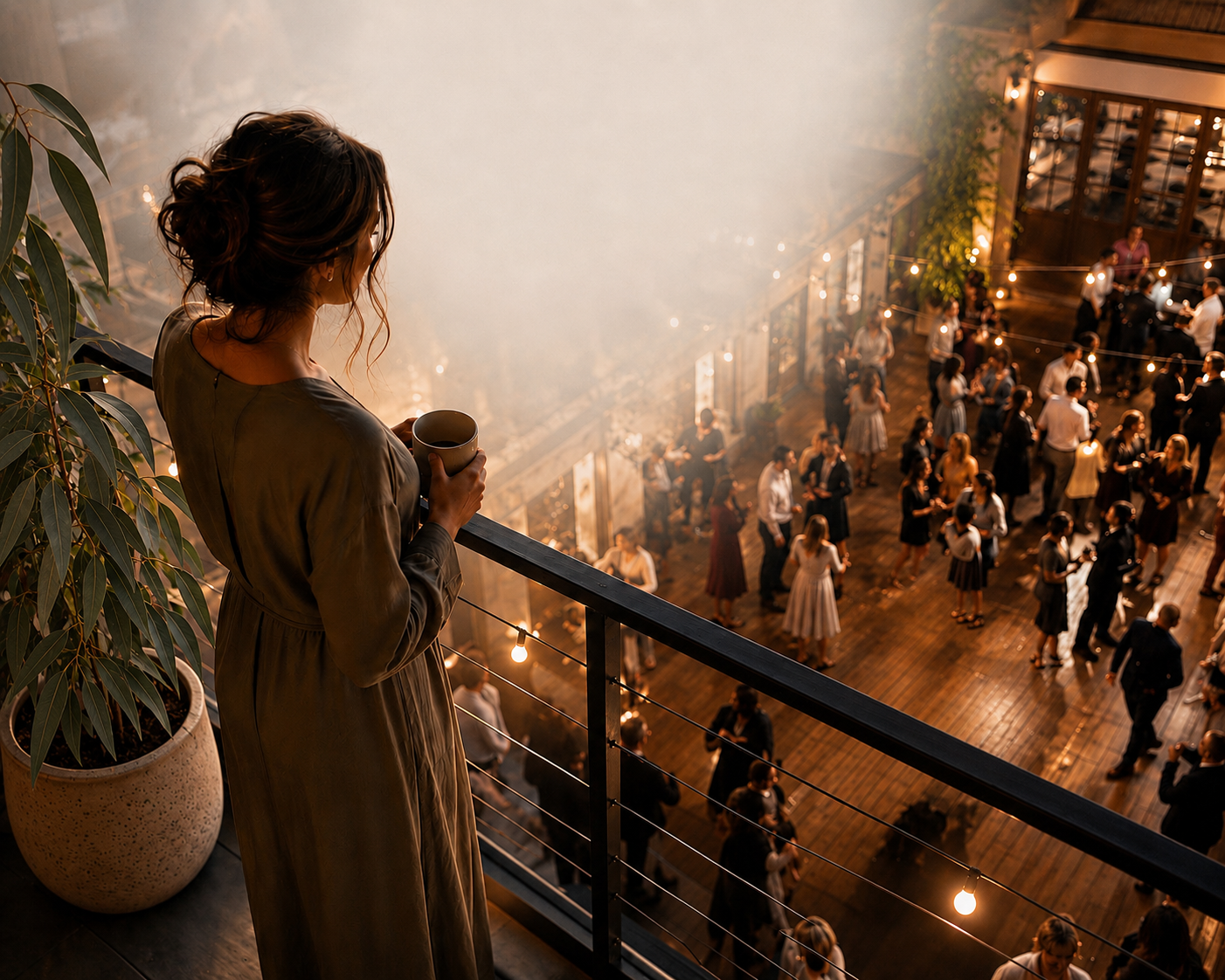 A woman pausing on a balcony above a social gathering