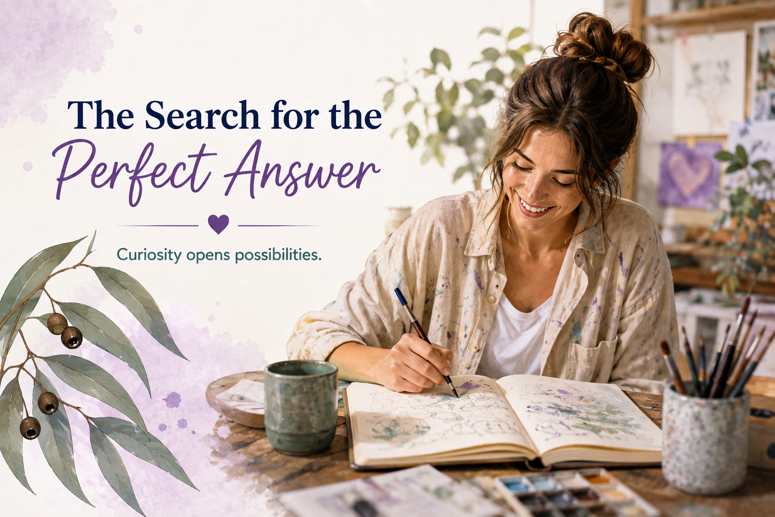 A woman journalling thoughtfully in a sunlit studio, illustrating the search for the perfect answer.